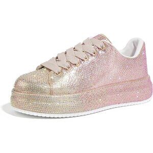 Womens Light Pink Rhinestone Sparkly Glitter Bling Tennis Fashion Shoes Sneakers